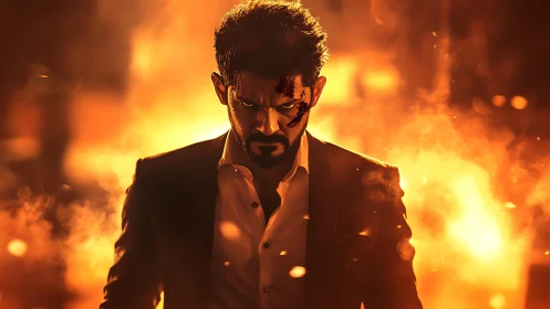 Smoldering avenger strides through a storm of urban fire.