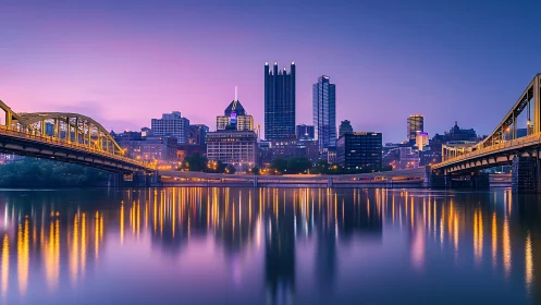 City skyline and bridge lights reflect on calm river water