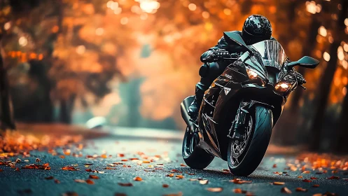 Autumn road welcomes a sleek motorcycle rider in motion