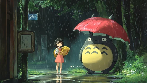 Girl and large forest creature wait at rainy bus stop.