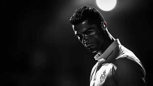 Moody football portrait under harsh backlit stadium glow.