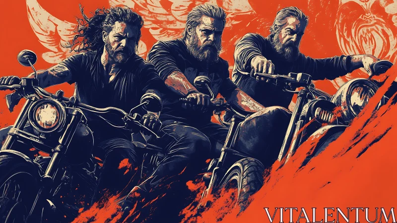 Bearded bikers ride forward through bold graphic flames