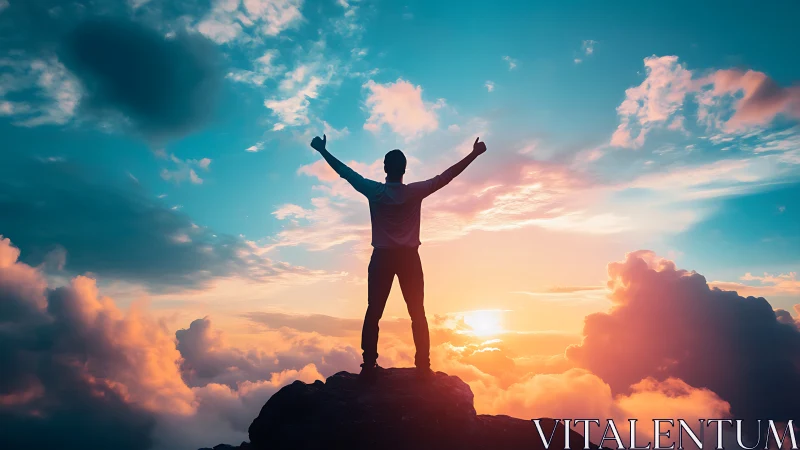 Skyline conqueror lifts triumphant arms into blazing sunrise