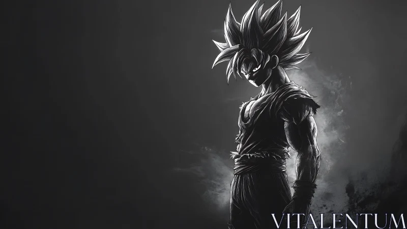 Monochrome anime warrior in high-contrast chiaroscuro composition.