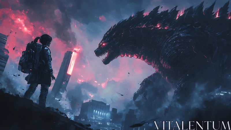 Human figure confronts large reptilian creature in ruined city