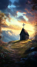 Hilltop chapel under glowing sunset sky in mountains.