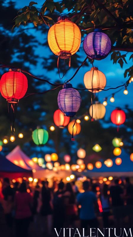 Colorful paper lanterns over lively outdoor night festival.