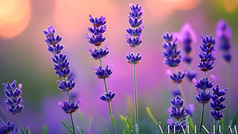 Purple Lavender Field Blooms Against Warm Sunset Glow.
