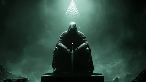 Silent armored guardian rests on a shadowed stone throne