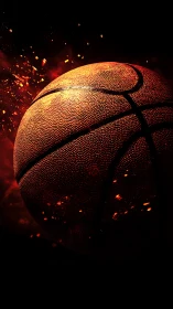 Close-up of textured basketball with glowing embers.