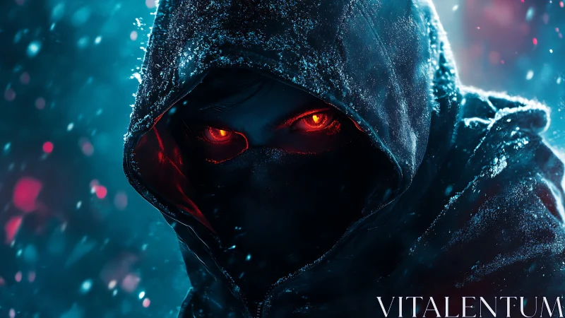 Hooded winter assassin portrait with glowing red cybernetic eyes.