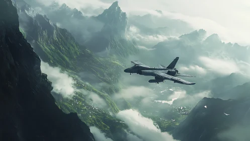 Jet patrol slicing through misty emerald mountain range.