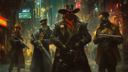 Cyberpunk gunslingers stalk neon alley with burning eyes.