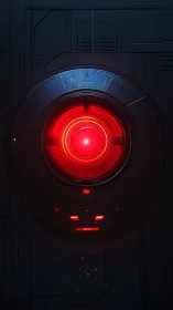 Red AI surveillance eye glows within dark machine core.