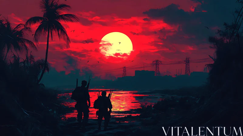Digital painting of soldiers crossing neon red war-torn marshland.
