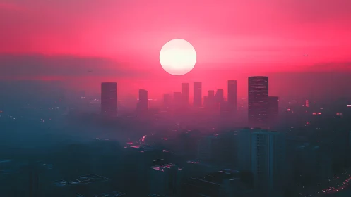Neon dusk skyline renders a backlit metropolis in crimson haze