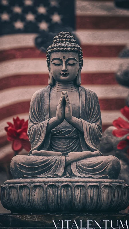 Buddha statue in prayer pose before blurred US flag backdrop
