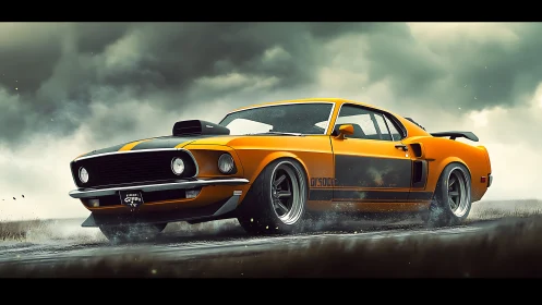 Aerodynamic muscle coupe drifting through storm runway.