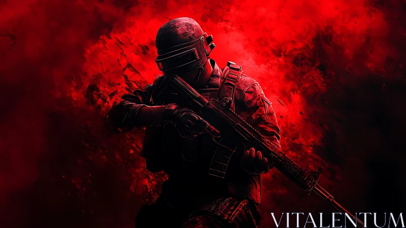 Armored soldier aims rifle amid blazing red battlefield haze