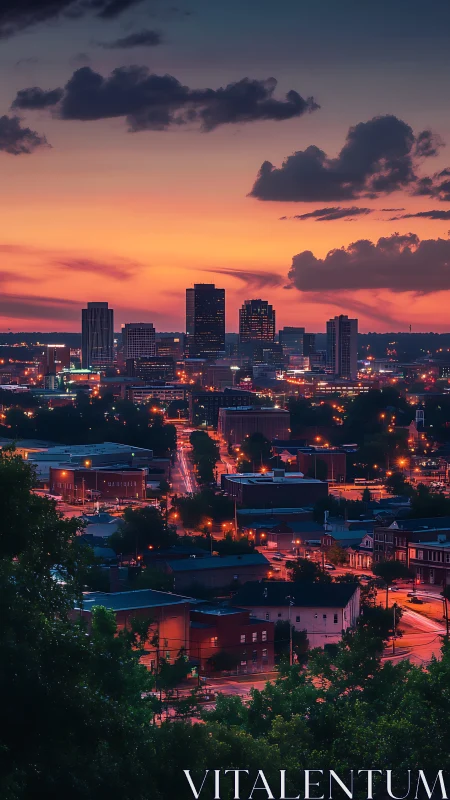 Vibrant dusk skyline with illuminated downtown corridors.