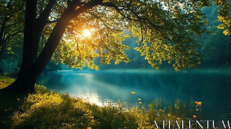 Golden sunrise filters through lakeside maple canopy.
