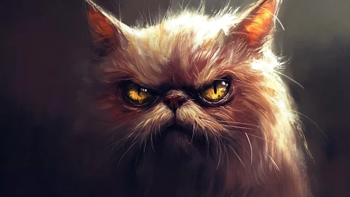 Fierce golden-eyed cat glares from dramatic shadows.