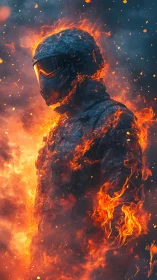 Armored figure stands engulfed in blazing cinematic fire.