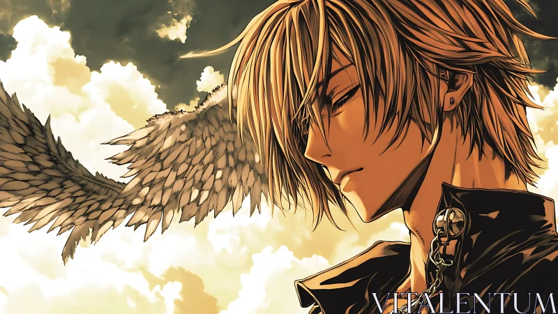 Brooding skyborne angel in bronze light and quiet defiance.