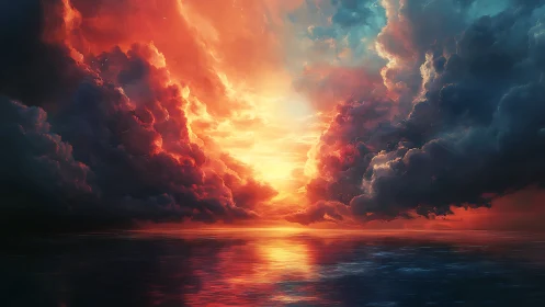 Volumetric storm clouds framing a hyperchromatic ocean sunset.