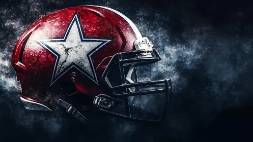 High-contrast red football helmet with star emblem in smoke