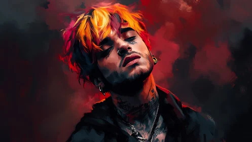 Moody portrait of tattooed youth with neon gradient hair.