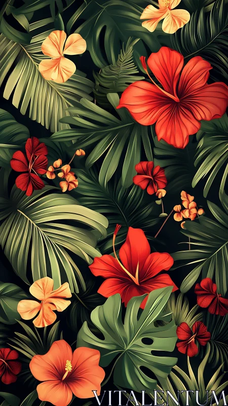 Tropical Blooms Dance Among Lush Green Palm Leaves