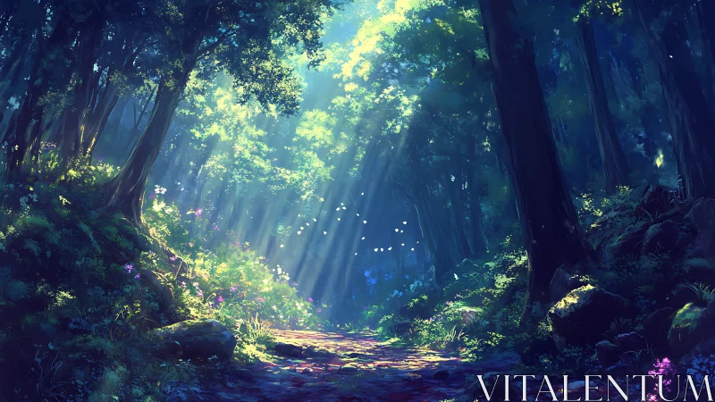 Radiant Forest Pathway Through Ethereal Woods.