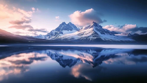 Symmetric alpine peaks mirrored in ultra-calm glacial lake at dusk