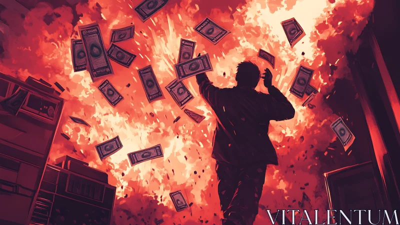 Rebel figure strides through fiery chaos and falling cash.