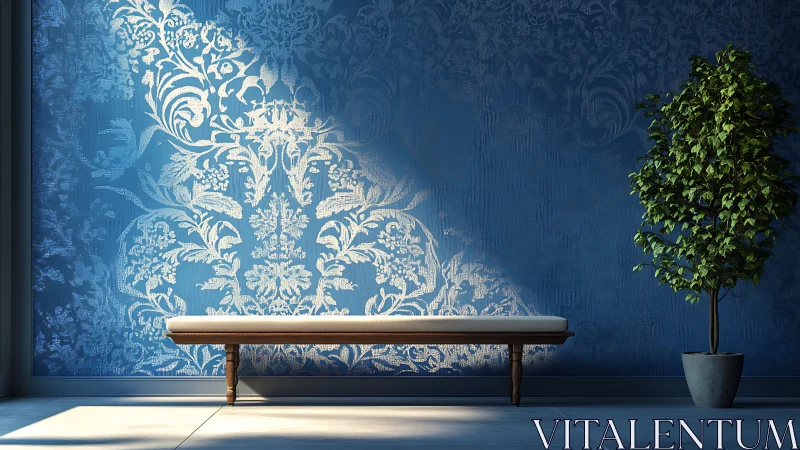 Sunlit bench rests before ornate blue damask wall art