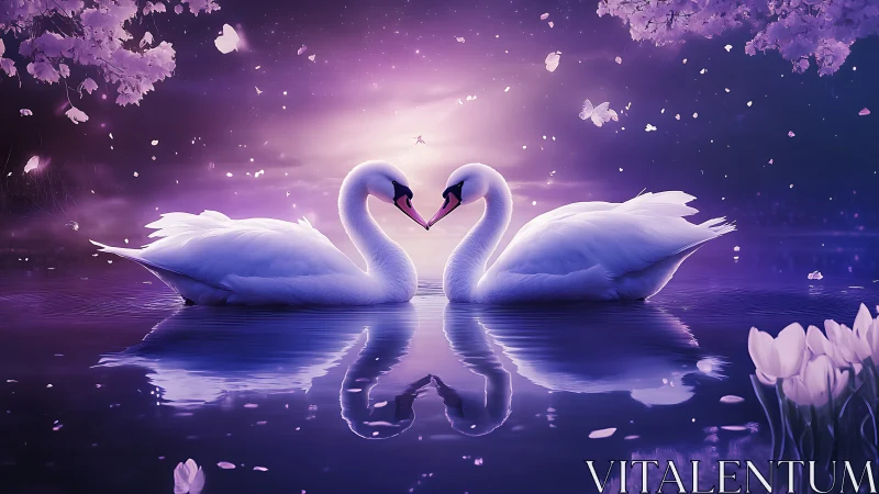 Two swans form heart shape in purple luminescent water setting.