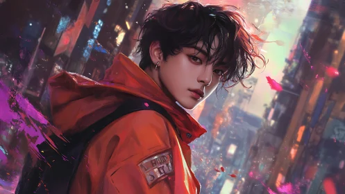 Androgynous cyber-noir drifter rendered in neon cityscape