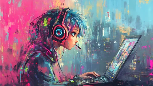Neon gamer tunnels through color storms on a glowing screen