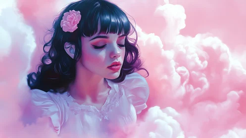Young woman in pink clouds with closed eyes and flower