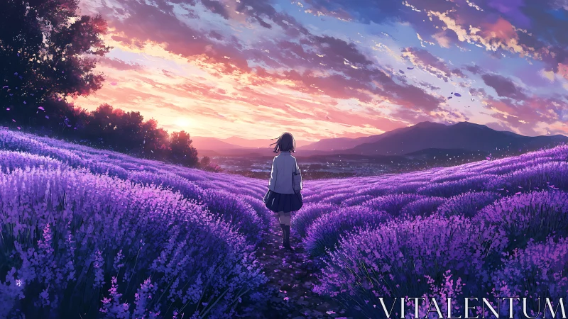 Girl walks through violet lavender fields at sunset.