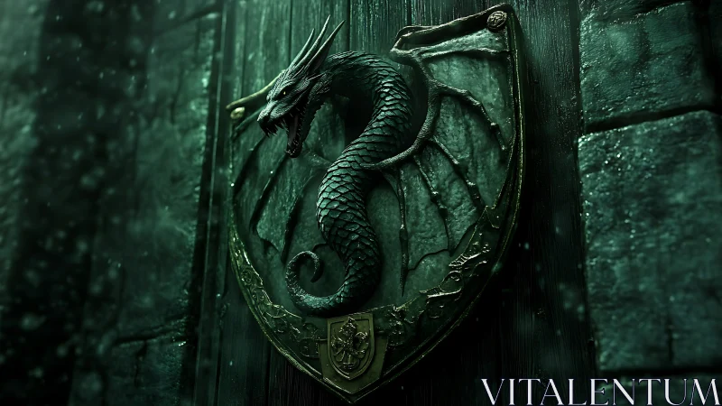 Emerald dragon crest coils on ancient fortress door.