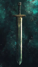 Starlit battle-scarred greatsword hangs in quiet cosmic dusk