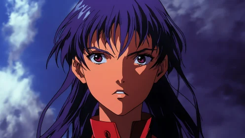 Purple haired anime woman under clouded sky, frontal view.