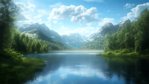 Mountain lake valley under bright summer daylight glow.