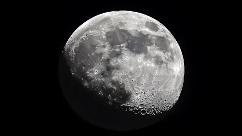 Gibbous Moon close-up with sharp craters and ray systems visible.