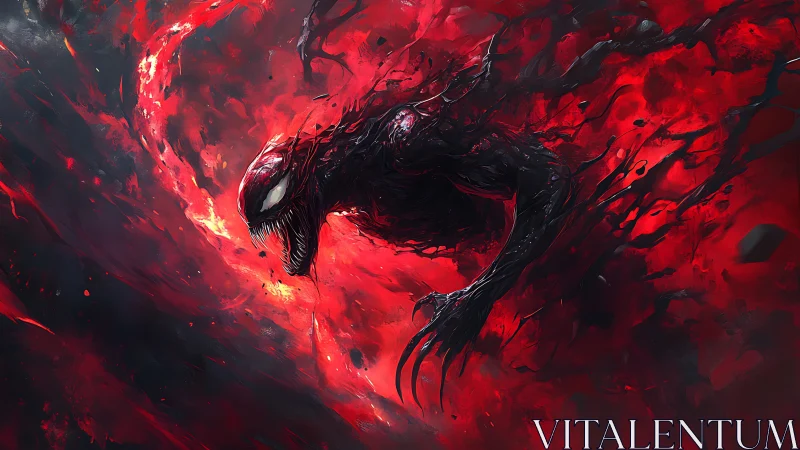 Symbiotic creature emerges from red chaos with dynamic motion blur