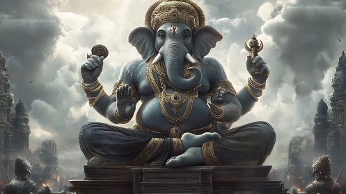 Majestic elephant deity idol amid stormlit temple skyline.