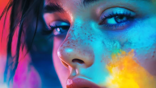 Neon-lit close-up portrait glows with surreal cosmic emotion