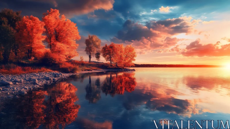 Sunset-coloured lakeside trees glow softly above mirrored water